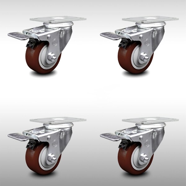 3.5 Inch SS Maroon Polyurethane Top Plate Caster Set Total Lock Brake SCC